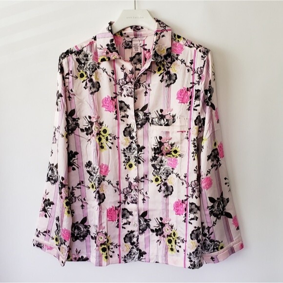 Victoria's Secret Striped Floral Satin PJ Button Front Long Sleeve Shirt Small